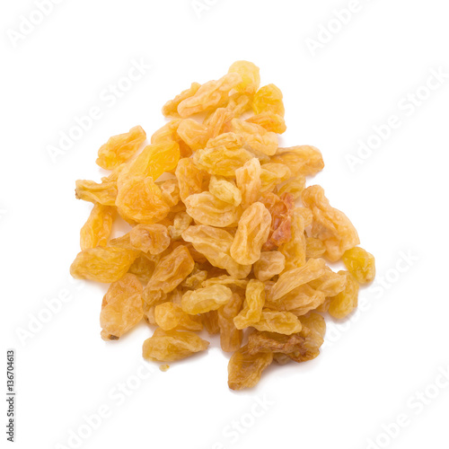 Golden raisin isolated on white background.