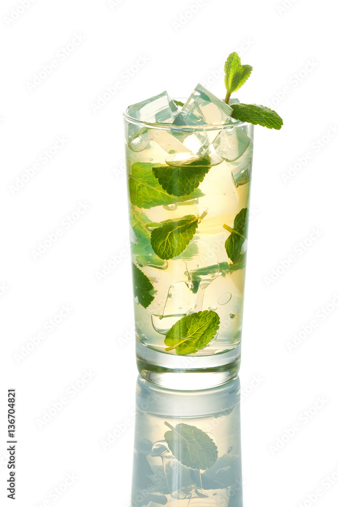 Glass of cold refreshing drink with ice and mint Glass of cold refreshing drink with ice and mint