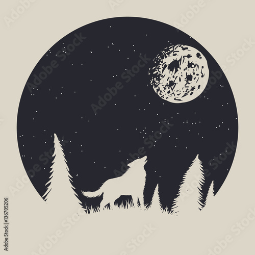 Vintage label with wolf who howling to moon