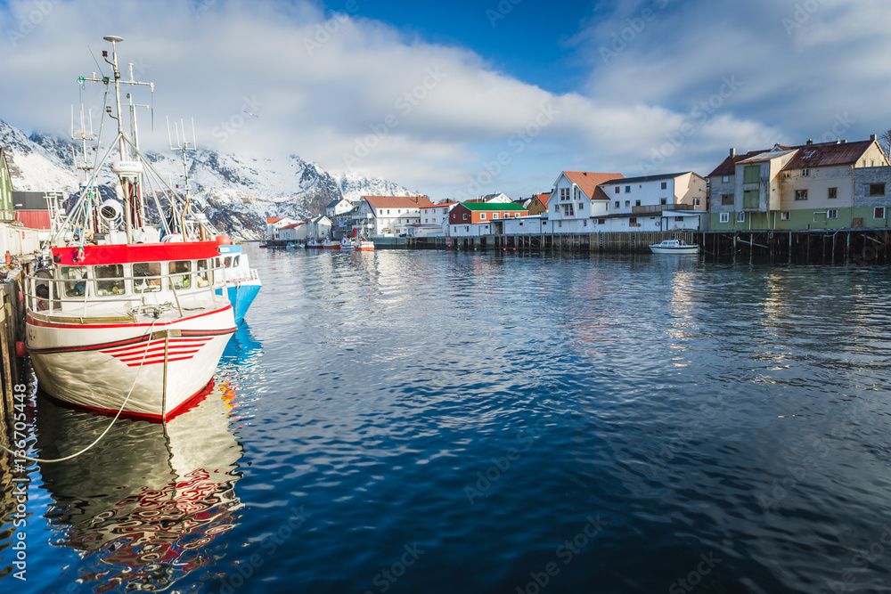 Picturesque fishing village Henningsvaer on Lofoten islands in Norway