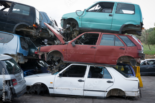 Cars in junkyard,  pile for recycling. © puckillustrations