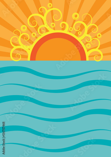 Vector summer background. Sea and sun on flat design