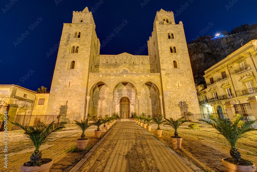 The norman cathedral of Cefalu in Sicily at night