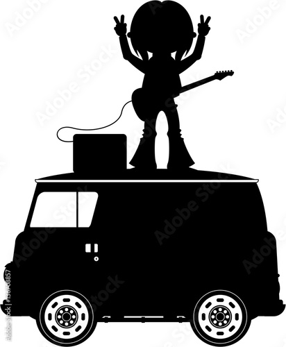 Hippie Rock Star and Camper Van in Silhouette