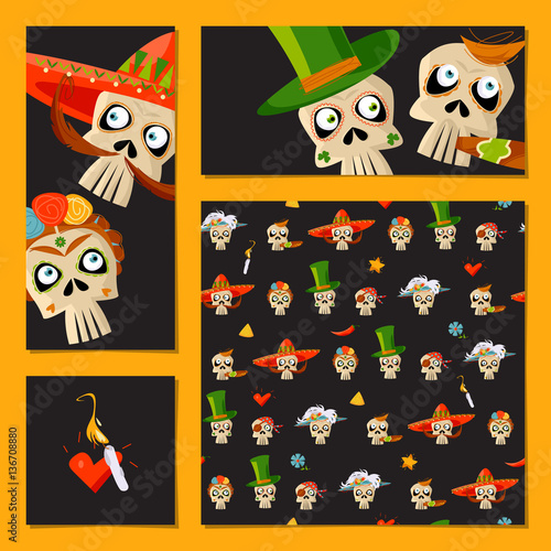 Set of 4 universal cards with variety of Mexican style skulls. Dia de Muertos. Cinco de Mayo. 
