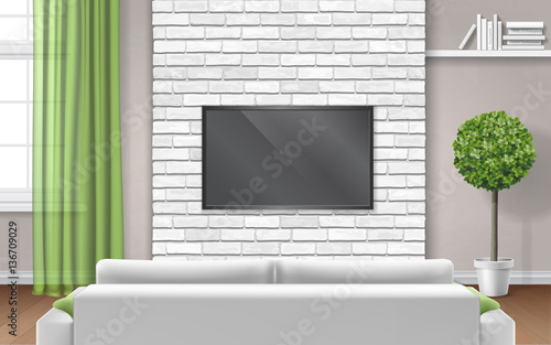 Light modern living room interior with TV on white brick panel, sofa and window decorated green curtain. Green tree is located in the corner in a pot.