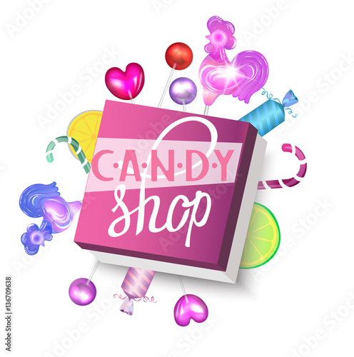 candy shop background with sweet candy, sweetmeats, lollipops and box.  Vector illustration