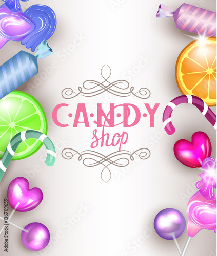candy shop background with sweet candy, sweetmeats, lollipops.  Vector illustration