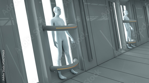 3d rendering. Human clones and futuristic interior architecture