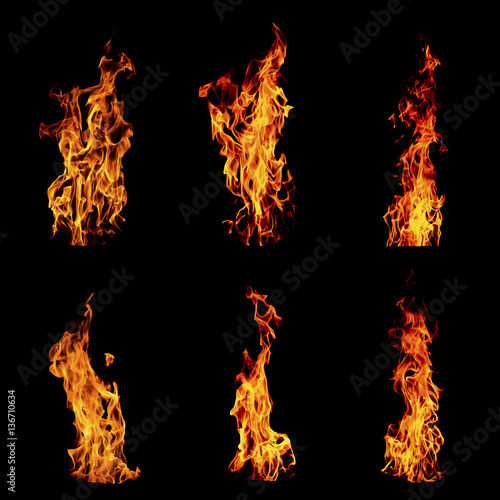 Fotografie Fire flame isolated set on black isolated background - Beautiful