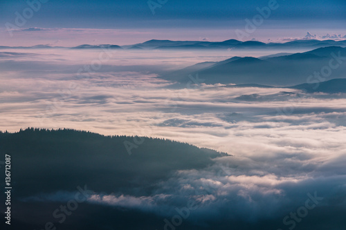 Beautiful foggy landscape in the mountains.