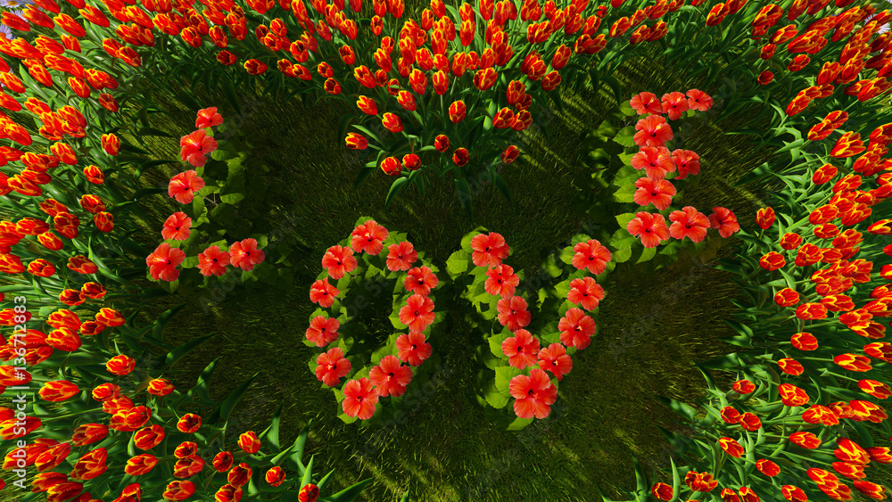 A variety of flowers in the shape of a heart with the word love,  as a symbol of Valentine's Day and love. 