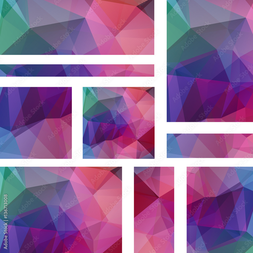 Vector banners set with polygonal abstract triangles. Abstract polygonal low poly banners. Blue, pink, purple, green colors
