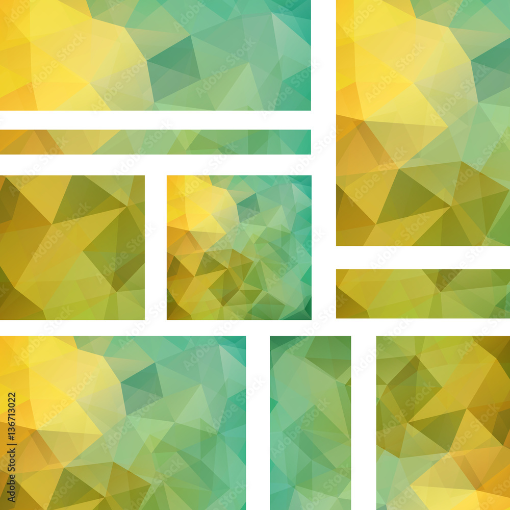 Vector banners set with polygonal abstract yellow, green triangles. Abstract polygonal low poly banners