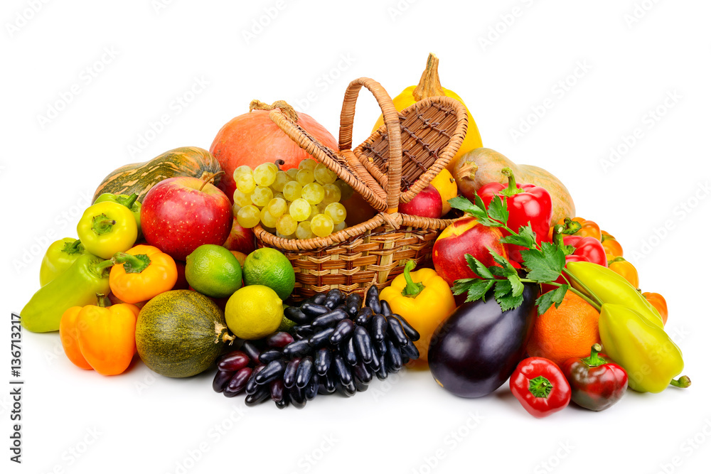 Basket with fresh fruits and vegetables isolated on a white Basket with fresh fruits and vegetables isolated on a white