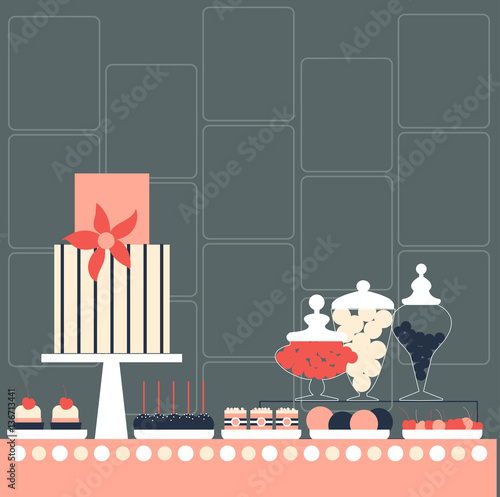 Candy Buffet with cake. Wedding dessert bar. Birthday sweet table. Vector illustration.