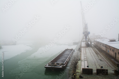River port in winter in misty weather Bratislava Slovakia Europe