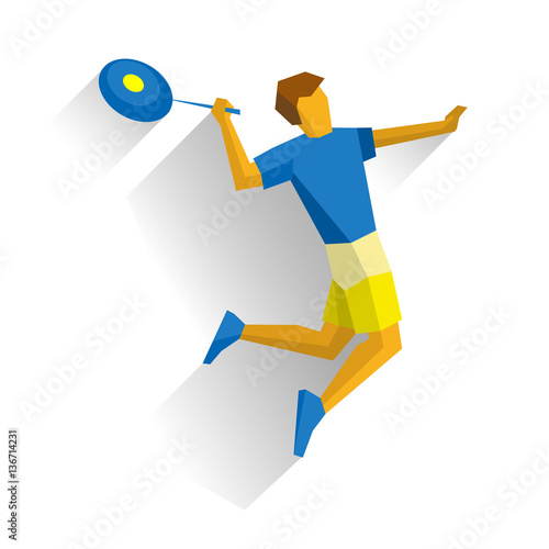 Badminton player. Athlete isolated on white background with shadows. International sport games infographic. Jumping sportsman with a rocket - flat vector clip art.