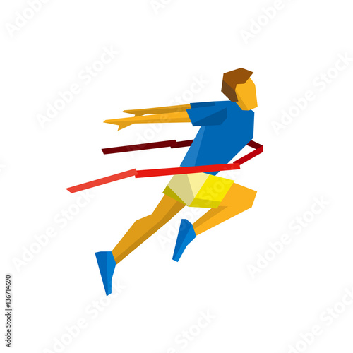 Running athlete crosses a finish line red ribbon. Athlete isolated on white background with shadows. International sport games infographic. Winning runner - flat style vector clip art.