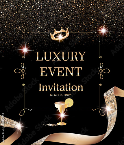 Luxury event invitation card with vintage frame and gold textured curly ribbon. Vector illustration