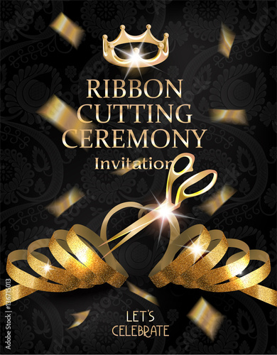 Ribbon cutting ceremony card with floral design background and shiny curly gold sparkling ribbon. Vector illustration