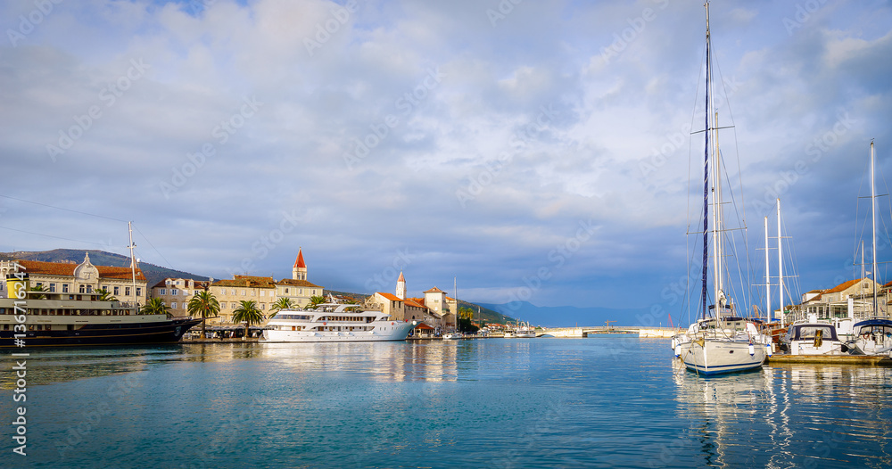 Town of Trogir marina and old town architecture view, UNESCO world heritage site in Dalmatia, Croatia