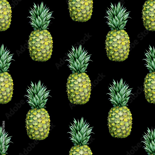 Seamless watercolor fruit illustration of pineapple. Pattern with tropic summ...