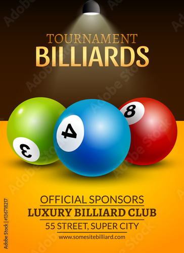 Vector Billiard challenge poster. 3d realistic balls on billiard table with lamp. Flyer design cover championship