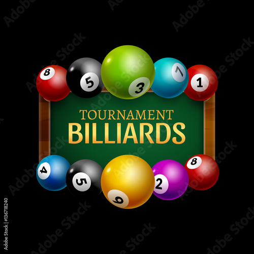 Vector Billiard challenge poster. 3d realistic balls on billiard table with lamp. Flyer design cover championship