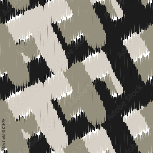 Ikat scribble swabs vector seamless pattern. Abstract geometric background for fabric, print or wrapping paper. Beige, black and khaki design.