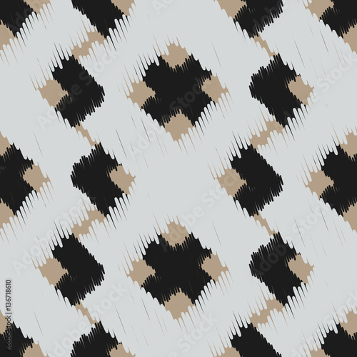 Ikat scribble swabs vector seamless pattern. Abstract geometric background for fabric, print or wrapping paper. Beige, black and gray design.