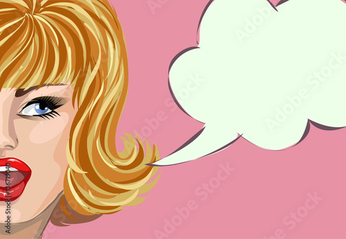 Pin up style wonder woman with speech bubble, pop art girl portrait, vector illustration