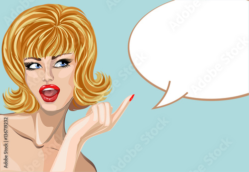 Pin up style beautiful woman portrait with speech bubble, pop art girl vector illustration