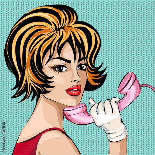 Sexy Pin-up woman answers the call. Vector pop art comics retro style illustration