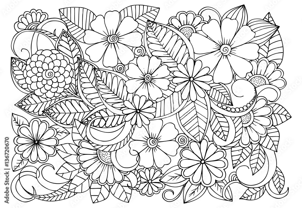 Doodle floral pattern in black and white. Page for coloring book Doodle floral pattern in black and white. Page for coloring book
