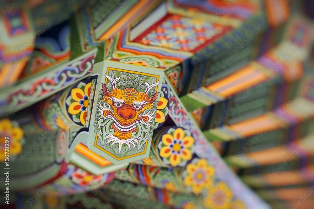 Detail of Traditional Korean Roof, Colourful Decorated Ornament