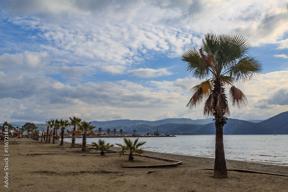 Akyaka beach with palm trees and cloudscape, mugla, Turkey. Akyaka beach with palm trees and cloudscape, mugla, Turkey.