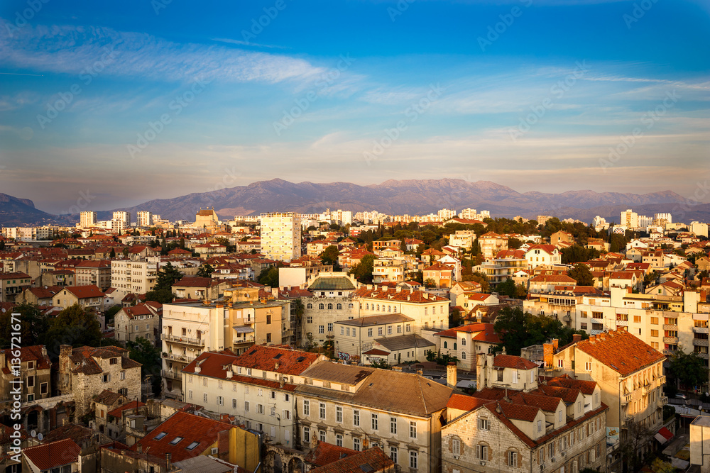View over the red roofs of houses, Split, Croatia, Dalmatia with Mosor mountain in background