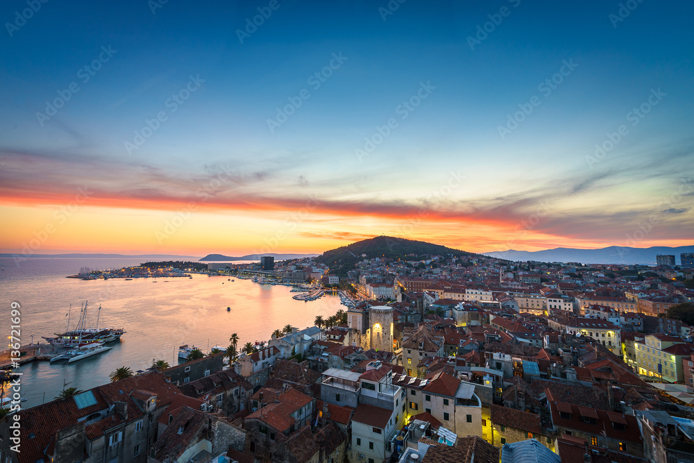 Split waterfront and Marjan hill aerial view, Dalmatia, Croatia in the sunset