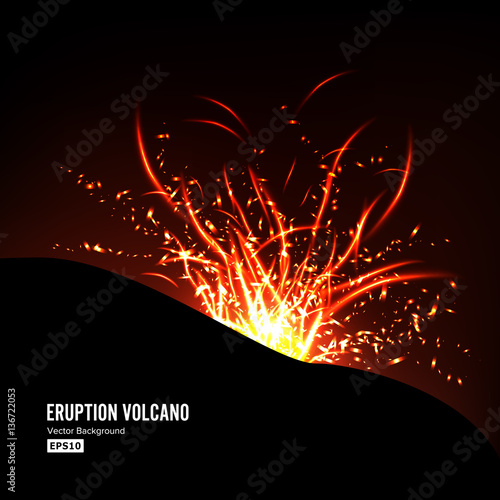 Eruption Volcano Vector. Thunderstorm Sparks. Big And Heavy Explosion From The Mountain. Spewing Glowing Red Hot Lava.