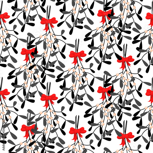 Mistletoe branches seamless vector pattern. Traditional plant tied with red bow. Black stylized leaves on white background.