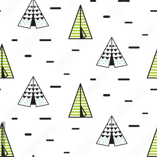 Teepee tent vector seamless pattern for children. Indian wigwam background for kid fabric and apparel.