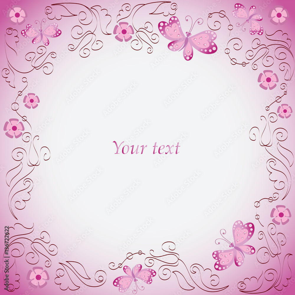 Pink butterfly and ornament. Frame. Composition for design manuals, leaflets, magazines, book illustrations, presentations.