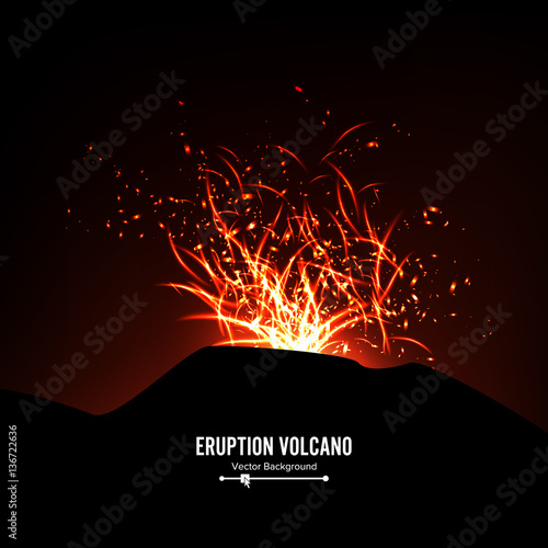Eruption Volcano Vector. Thunderstorm Sparks. Big And Heavy Explosion From The Mountain. Spewing Glowing Red Hot Lava.