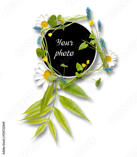 Frame from leaves and blue and yellow flowers isolated on white