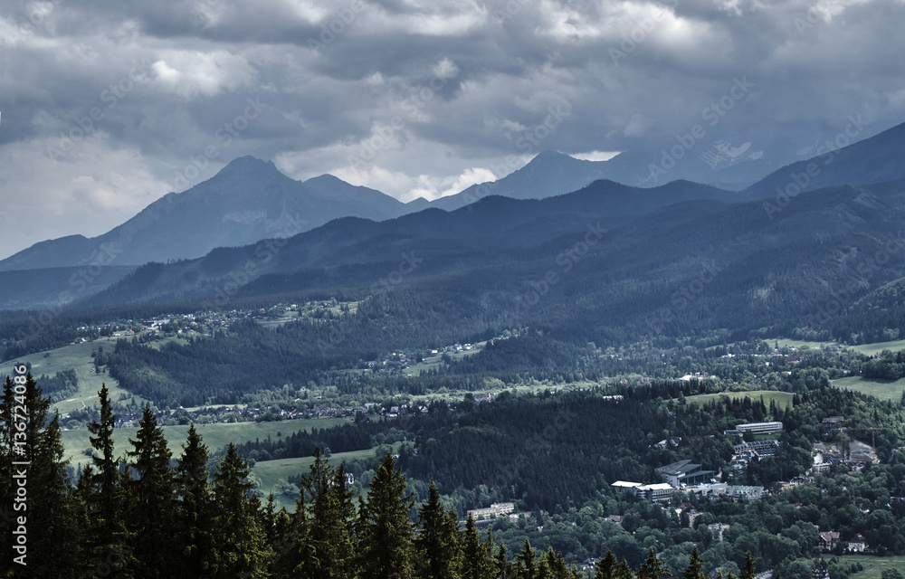 View of the city of Zakopane in the foothills of the Tatra Mountains in Poland.