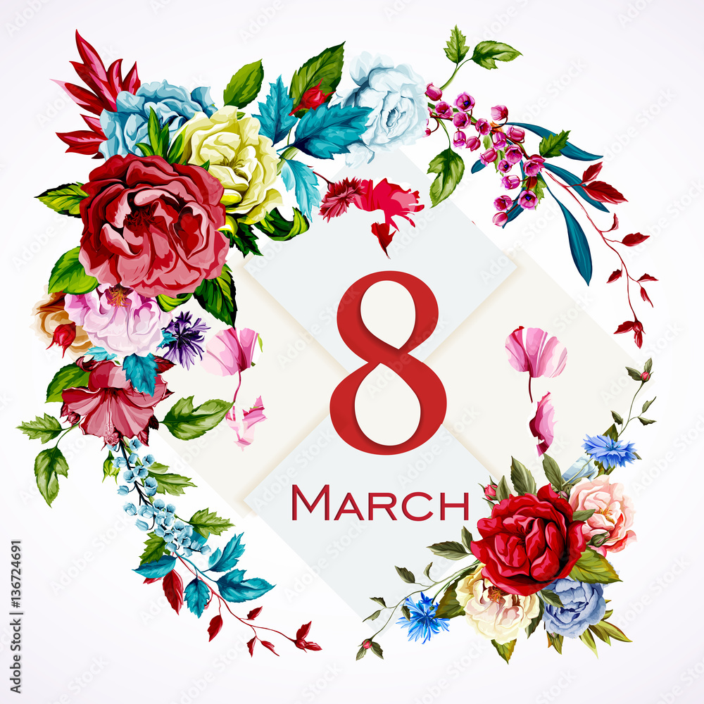 Greeting card template 8 march with flowers. Wild rose, rose, peony