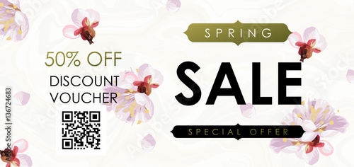 Gift certificate, Voucher, Coupon template with plum tree flovers, stripe pattern and shabby gold texture. Spring inspiration vector.