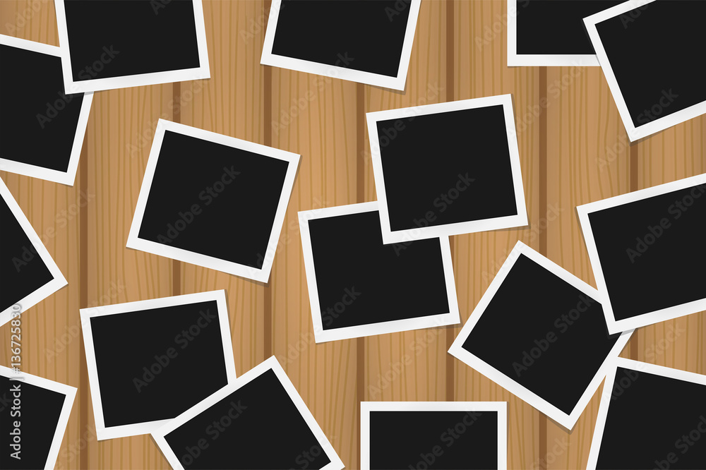 Background of realistic photo frames on brown wooden texture. Template retro photo design. Vector illustration Background of realistic photo frames on brown wooden texture. Template retro photo design. Vector illustration