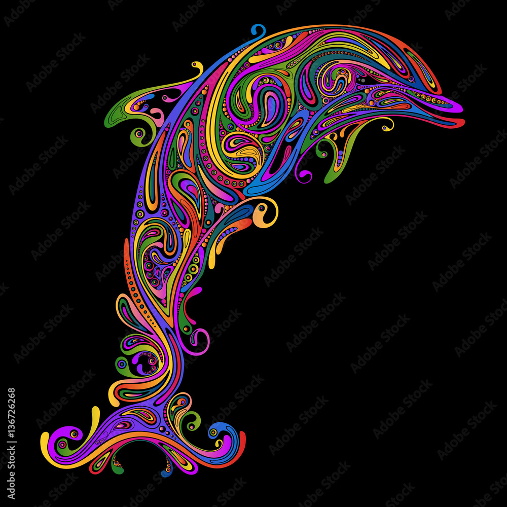 Fototapeta premium Abstract colorful vector Dolphin patterns on a black background